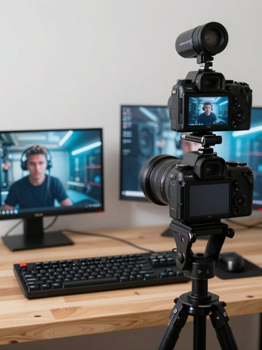 Wide environmental shot of a modern creator workspace — dual monitors glowing blue, a professional microphone arm in the foreground, mechanical keyboard and camera on a clean white desk, natural north-facing daylight streaming in from the right, shallow depth of field, no people