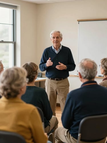 Medium shot of a senior technology coach presenting scam prevention tips to a small group of engaged older adults in a bright community room, warm lighting, authentic