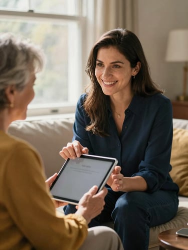 Warm editorial photography of a patient female technology coach smiling and helping an elderly woman use an iPad in a sunlit living room, shallow depth of field, 35mm