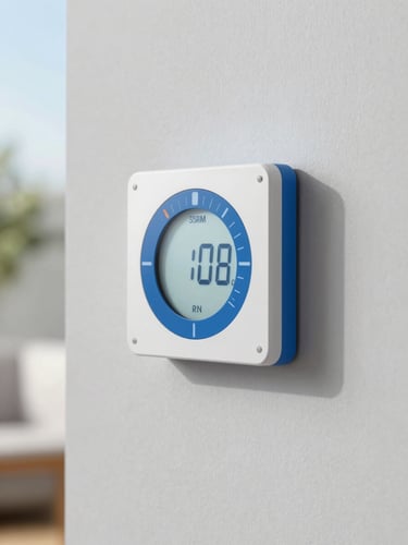Close-up of a modern smart thermostat on a clean light gray wall in a Dutch home, bright natural daylight, crisp blue accents, sharp focus