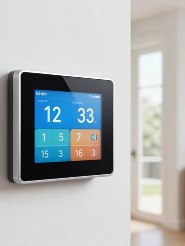 Close-up of a modern smart thermostat screen displaying temperature settings inside a bright Dutch hallway, natural daylight, sharp focus, 35mm lens