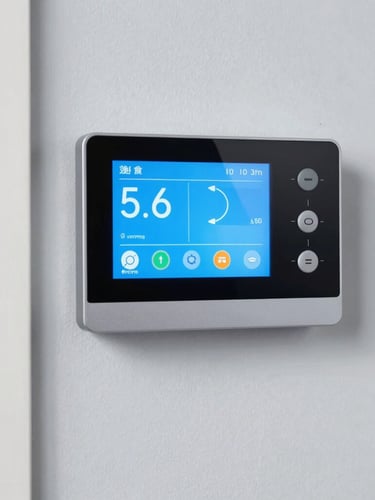Close-up of a modern smart thermostat mounted on a clean light gray wall, soft daylight illuminating the digital screen showing energy metrics, professional architectural detail.