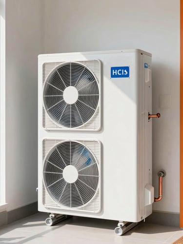 Bright clean utility room in a Dutch home, highlighting a neatly installed modern hybrid heat pump with clean copper piping, natural daylight.