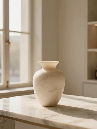 Elegant interior of a luxury perfume atelier, soft natural sunlight entering through large windows, a single monolithic vessel on a minimalist table, architectural composition, editorial luxury photography, warm ivory and marble tones, 35mm, bleeding to the left edge of the frame.