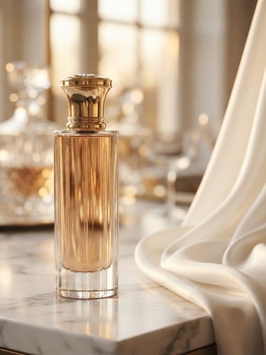 A luxurious, tall, slender AUREQS perfume bottle on polished white marble, soft golden hour light, blurred crystal reflections in the background, elegant white silk flowing, editorial luxury photography, shallow depth of field, 35mm, bleeding to the right edge of the frame.
