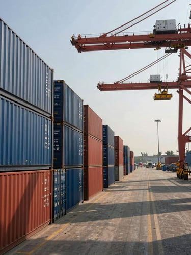 Wide shot of a busy container terminal at an Indian port, stacked shipping containers in deep blues and reds receding into the distance on the left, a loading crane arm visible in the upper right, natural afternoon light casting long shadows across the yard, no people, operational documentary framing