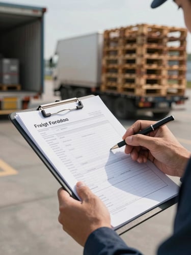 Close-up of a freight forwarder's hands reviewing a shipping manifest on a clipboard at a warehouse loading dock, natural afternoon light from an open bay door illuminating the document detail, stacked pallets visible in the background