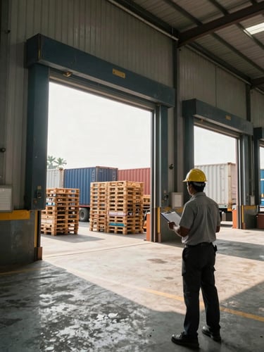 Wide shot of an active loading dock at an Indian freight facility, afternoon light streaming through large warehouse doors, stacked pallets and containers visible in mid-ground, a worker in a hard hat checking a clipboard in the foreground — documentary, no staging