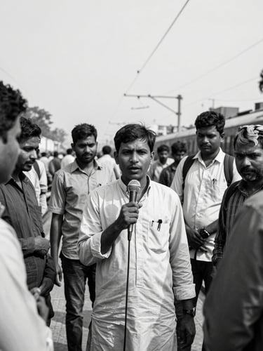 A raw, high-contrast black-and-white documentary photograph of a local Indian reporter holding a microphone, interviewing commuters on a busy railway platform in West Bengal under natural daylight.