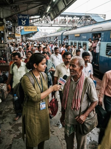 A gritty photojournalism shot of a local reporter with a microphone interviewing commuters on a busy train platform in West Bengal, natural morning light, wide-angle lens.