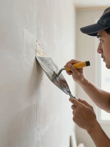 Close-up of a professional drywall contractor in clean uniform using a steel trowel to apply smooth joint compound to a wall joint, bright natural indoor lighting