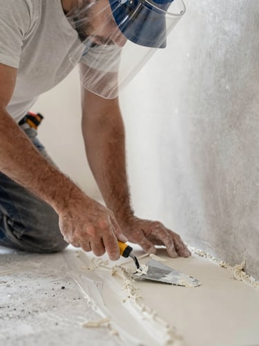 Bright, clean close-up of a professional drywall contractor in a neat, plastic-shielded workspace carefully applying joint compound with a trowel.