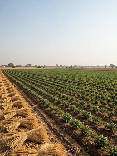 Wide panoramic view of a Gujarat agricultural field at mid-morning, rows of spice crop stretching to the horizon on the right two-thirds, flat semi-arid plains under clear bright sky, harvested crop bundles stacked at field edge in the foreground left, natural diffused daylight showing soil texture and crop color