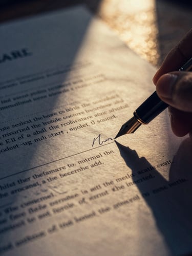 Close-up of a fountain pen signing a structured legal contract on a heavy textured paper, warm low-key editorial lighting, golden hour reflections