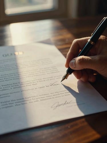 Close-up of a fountain pen signing a legal document on a dark wood desk, warm golden-hour window reflections, shallow depth of field, 35mm