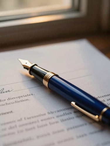 Close-up of a premium fountain pen resting on a signed legal contract, warm low-key editorial lighting, golden-hour window reflections, rich deep blue and gold tones, shallow depth of field, 35mm
