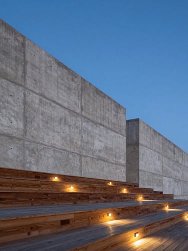 Low-angle architectural photograph of a massive poured concrete retaining wall and multi-level cedar terrace at twilight, warm integrated step lighting, sharp structural lines against a deep blue sky.