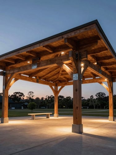Low-angle architectural shot of a heavy timber pavilion with custom steel joinery at twilight, warm integrated lighting illuminating the concrete patio