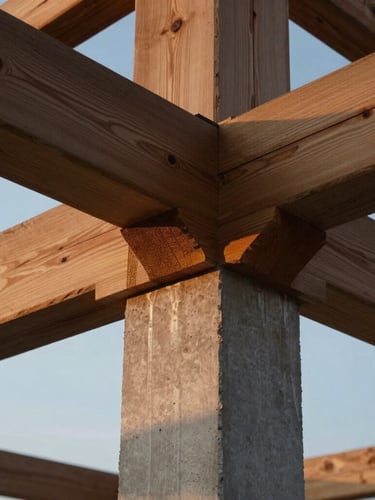 Extreme close-up of heavy timber joinery meeting a poured-in-place concrete column, architectural detail, warm twilight lighting, sharp focus on structural connection.