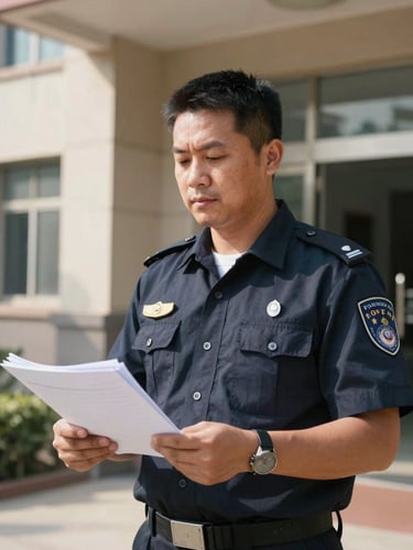 Close-up medium shot of a public servant in uniform standing at the entrance of a municipal building, holding official documents under bright natural morning daylight, environment out-of-focus behind, documentary style