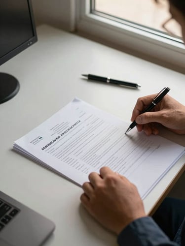 Overhead close-up of hands organizing official Brazilian credit paperwork on a desk under warm natural window light, pen resting beside documents, clean office surface visible, documentary framing