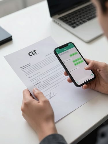Close-up of hands holding a signed CLT work contract and a smartphone showing a WhatsApp chat on a office desk, bright natural daylight from the left, plain white surface