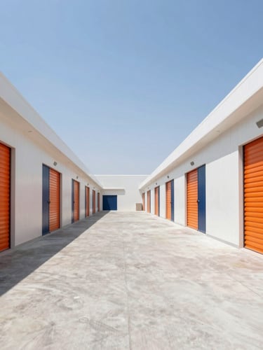 Straight-on architectural wide shot of a pristine, modern storage facility exterior in Dubai Investment Park 1, bright overhead daylight, clean concrete driveway, deep navy and safety-orange accents.