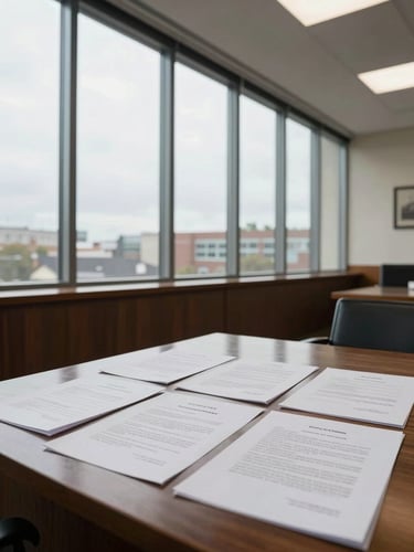 Wide architectural shot of a notary office interior, late morning overcast light through tall windows, a spread of signed documents on a dark wooden table, no people, clean institutional stillness