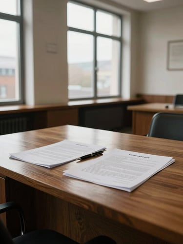 Wide architectural shot of an empty notarial office, heavy wooden desk with spread contracts and a pen resting mid-signature, natural north-facing daylight through tall windows casting soft even light, no people present