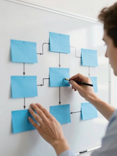 A close-up portrait of hands mapping out a collaborative framework on a whiteboard, natural daylight, professional environment