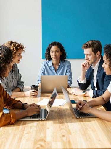 Bright editorial photography of diverse professionals collaborating around a light oak table in a sunlit modern workspace, warm amber and vibrant blue accents, 35mm