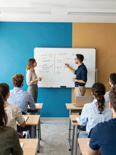 A medium-wide environmental shot of a structured community workshop, natural daylight, professional facilitators guiding a collaborative brainstorming session on a whiteboard, bright and airy