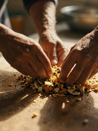 Close-up of hands preparing a traditional local dish in a sun-dappled kitchen, warm golden hour light, soft shadows, 35mm film texture, focused on the textures of ingredients.