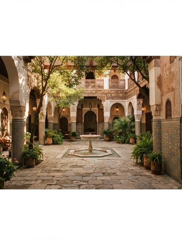 Wide panoramic view of a sun-dappled historic courtyard in the MENA region, with intricate architectural details, warm golden hour light, and soft shadows, empty of people, shot on 35mm film, evoking quiet contemplation.