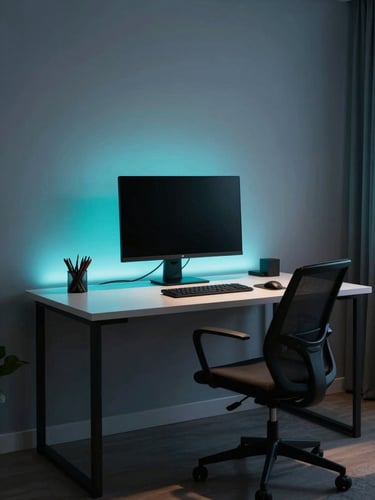 Sleek modern home office at dusk, minimalist desk, clean wire-free setup, glowing ambient cyan LED strip behind the monitor, dark atmosphere
