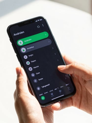 Bright high-key product photography of a sleek Android smartphone screen showing a dark-mode task manager app with vibrant green accents, held by hands, bright daylight, 35mm