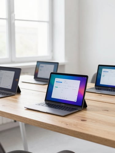 Bright high-key product photography of a modern tech workspace in Kyiv, a clean wooden desk with multiple Android testing devices displaying colorful user interfaces, soft natural window light, 35mm.