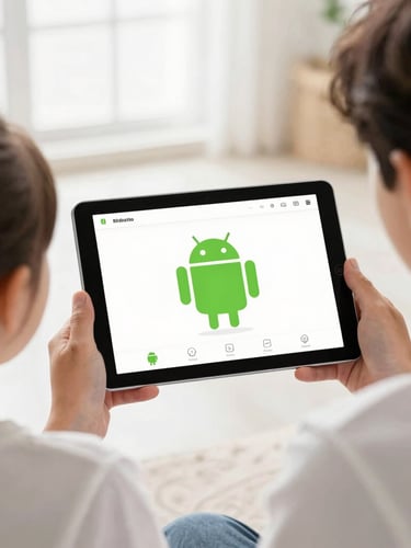 Over-the-shoulder view of a family using a tablet together in a sunlit room, displaying a clean Android application interface with high-contrast green accents, bright daylight, shallow depth of field, 35mm.