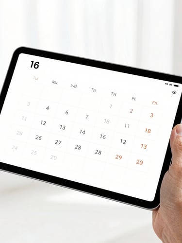 Bright high-key product photography of a modern Android tablet displaying a clean, high-contrast calendar interface, held by a senior hand, soft daylight