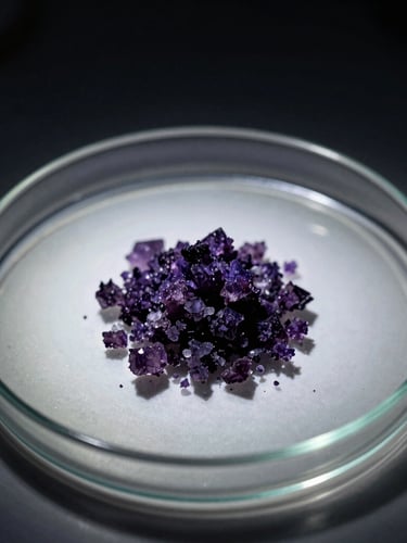 Extreme macro photography of crystalline iodine sublimate forming dark violet crystals on a sterile glass plate, intense laboratory lighting, dramatic shadows, 35mm film grain