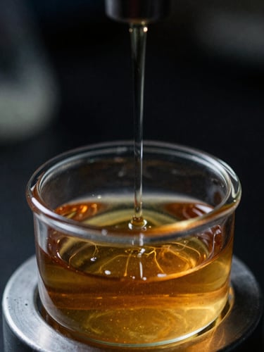 Extreme macro close-up of amber liquid bromine vaporizing inside a heavy quartz glass containment cell, harsh laboratory strobe lighting, high-contrast chiaroscuro, sharp focus