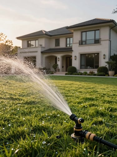 Low-angle wide shot of a manicured residential estate at sunrise, dew glistening on perfectly striped turf, with a technical irrigation nozzle mid-spray in the foreground.