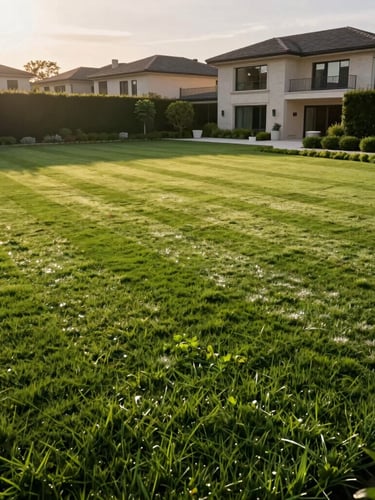 Low-angle wide shot of a manicured residential estate at early morning golden hour, perfectly striped deep green turf with crisp spade-cut garden edges, dew glistening on grass blades, high-contrast shadows