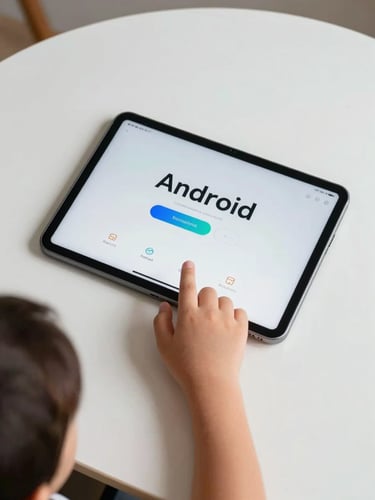Tight overhead flat-lay of an Android tablet resting on a white desk, a child's hand mid-tap on a clean app onboarding screen, button states and large typography visible on the display, high-contrast studio lighting from above, no person visible beyond the wrist