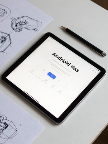 Overhead flat-lay of an Android tablet displaying a clean app onboarding screen, a mechanical pencil and interaction wireframe sketches beside it on a matte white desk, studio lighting, high contrast, sharp focus on UI typography and button states