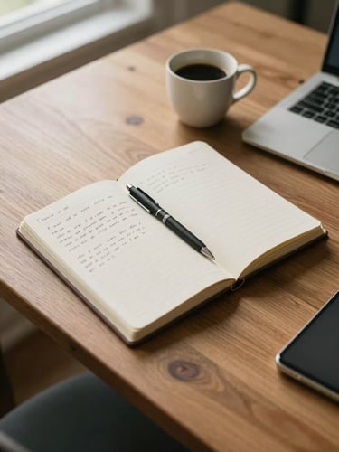 Wide shot of an ordered wooden desk from above, morning light entering from the left, an open notebook with handwritten notes, a pen resting beside it, a ceramic coffee cup, and a laptop partially visible at the edge — calm, focused, solitary