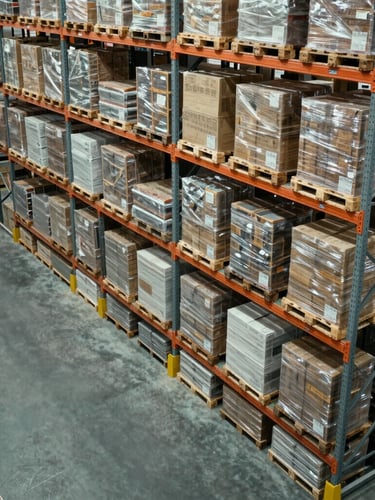 High-angle wide shot of clean, structured warehouse racking with organized pallets under cool commercial daylight.