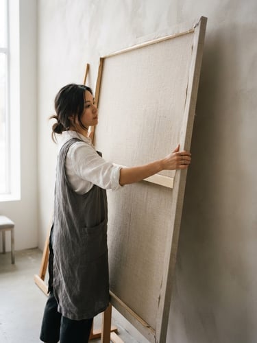 Bright gallery photography, soft natural daylight, Magie Le arranging a large linen canvas against a warm-gray studio wall, 50mm