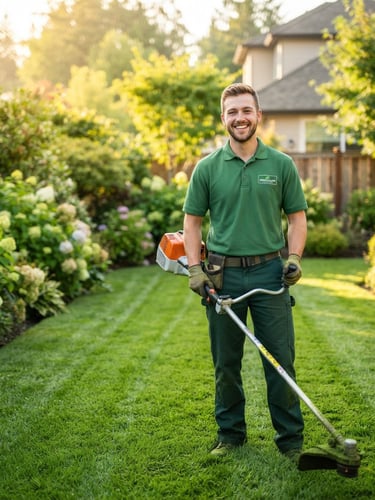 Bright outdoor photography of a friendly lawn care crew member in a clean green uniform smiling in a sunny, freshly mowed local yard, warm morning sunlight, shallow depth of field
