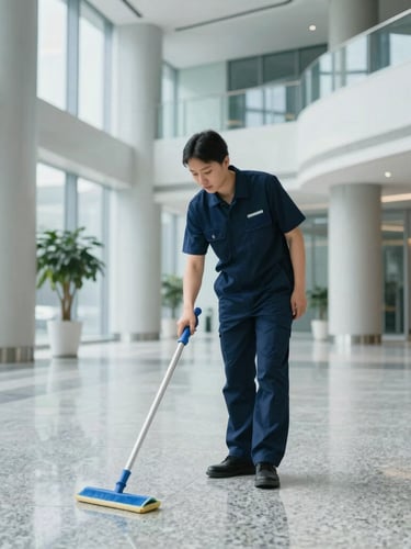 Wide environmental shot of a professional cleaning supervisor in a neat dark blue uniform inspecting a polished granite floor in a bright, modern corporate atrium, soft natural daylight, architectural depth.